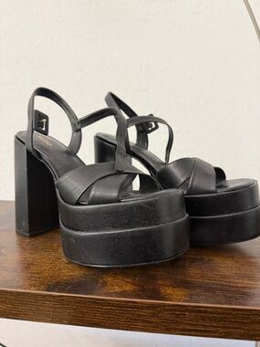 Women's Black Platform Block Heel Sandals with Ankle Strap